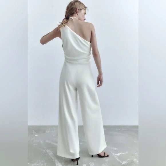 Zara jumpsuit white asymmetric wide leg wedding shower party - Picture 2 of 5